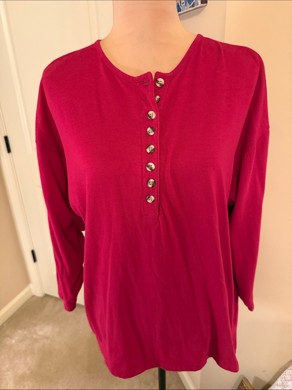 Erika & Company Long Sleeve Henley Top in Berry